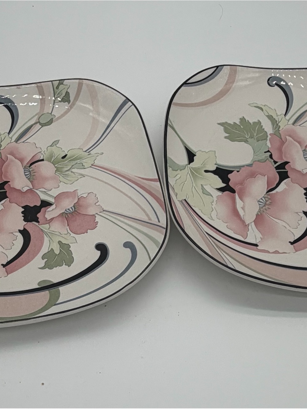 Sango Pink and Green Floral Ceramic Dinner Plates with Black Accents